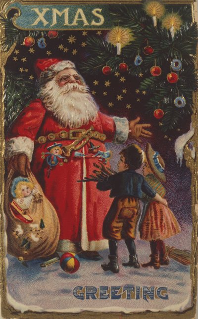 Postcard Depicting Father Christmas with His Sack of Toys by English School